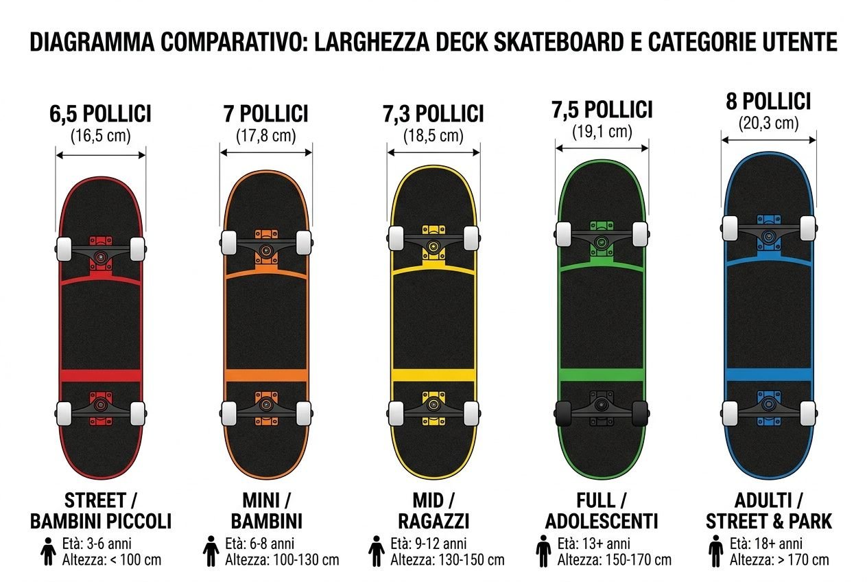 Diagramma comparativo: larghezza deck skateboard per categorie utente (6,5–8 pollici) con età e altezza corrispondenti.
