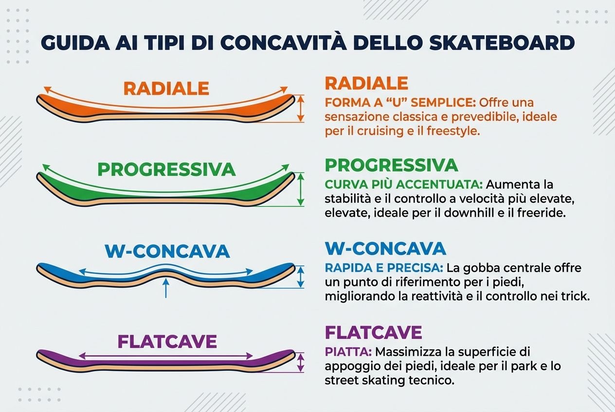 Guida ai tipi di concavità dello skateboard: radiale, progressiva, W-concava e flatcurve, con descrizioni principianti. come scegliere skateboard giusto.