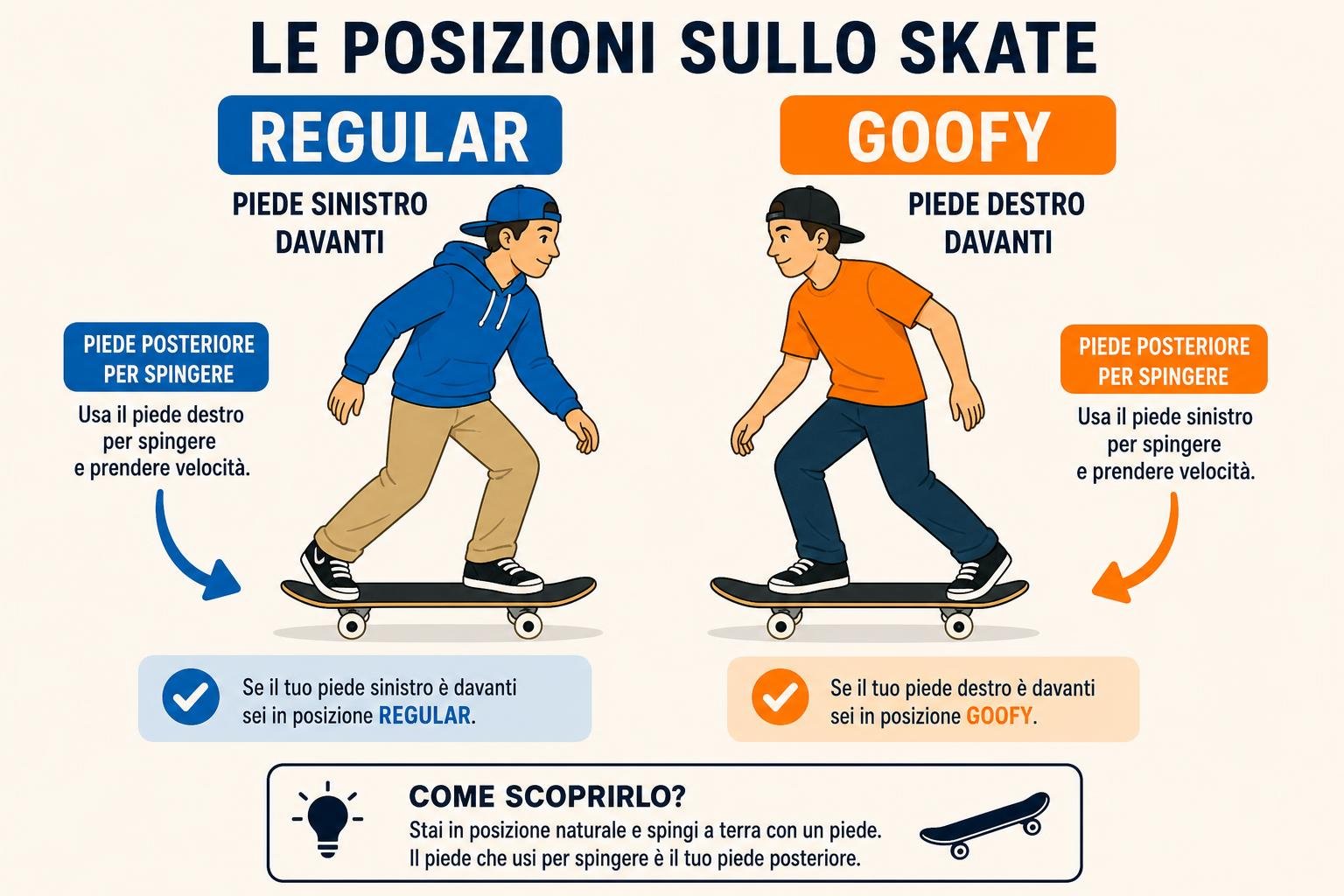 Immagine educativa su skateboard: confronto tra posizione REGULAR e GOFY per principianti, con istruzioni su piede sinistro/destro e postura. include testo “Le posizioni sullo skate”.